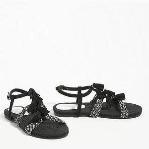 Anthropologie fringed tassle sandals leather black and white new unworn sz10